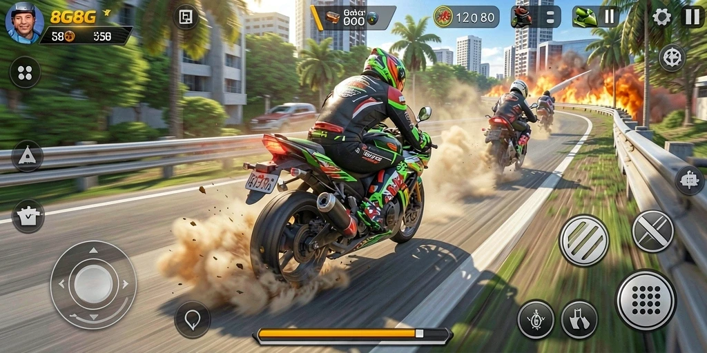 Tampilan gameplay balapan motor yang mendebarkan di 8G8G.