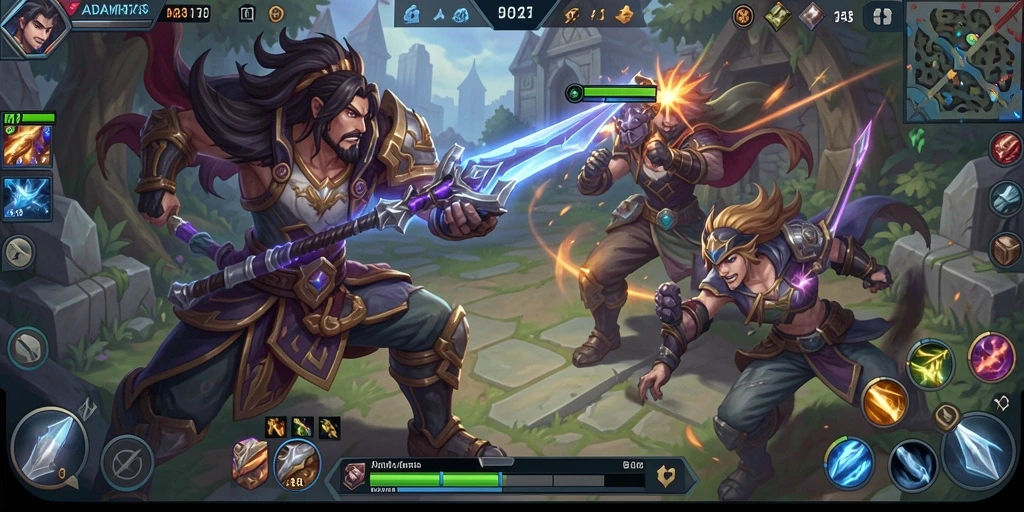 Tangkapan layar utama ADAM77 menunjukkan aksi intens dalam pertandingan MOBA.