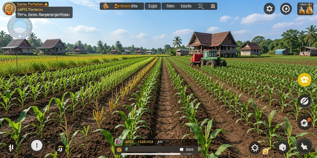 Screenshot menunjukkan gameplay seru dari API33 saat bertani di ladang yang luas.