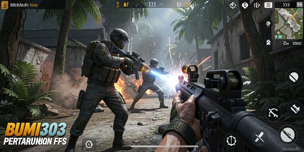 Gameplay intens di medan perang BUMI303 dengan aksi FPS.