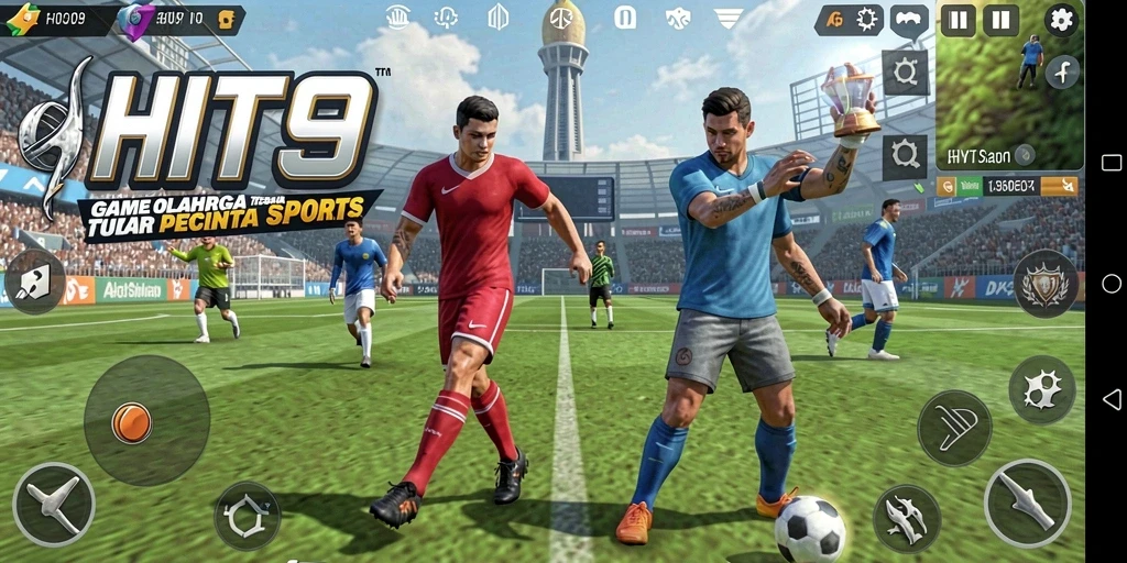 Screenshot HIT9 menunjukkan aksi sepak bola yang seru dan menegangkan.