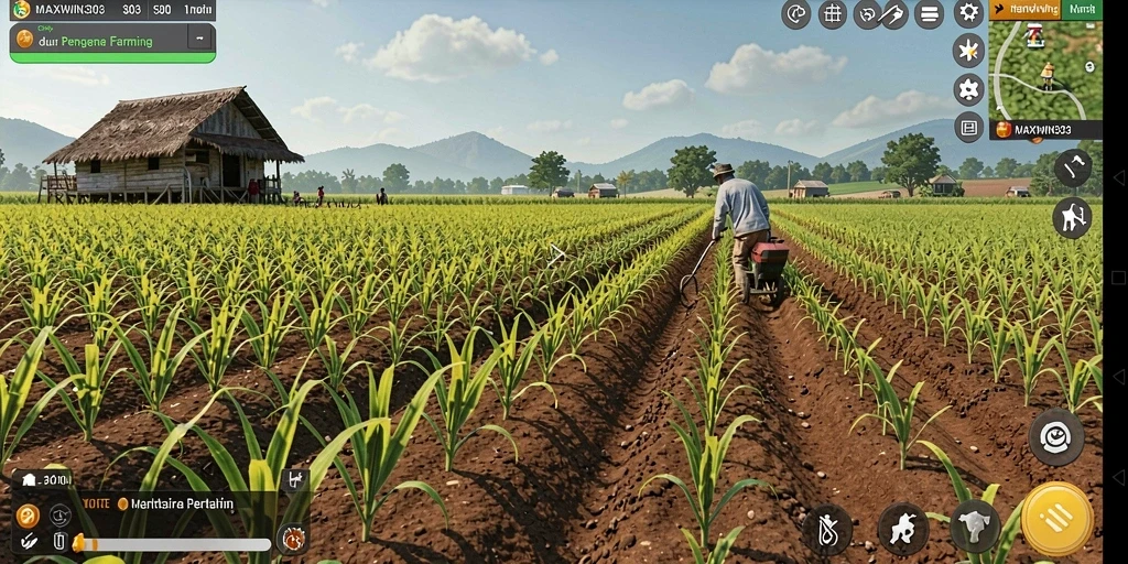 Screenshot gameplay menunjukkan petani sedang merawat tanaman.