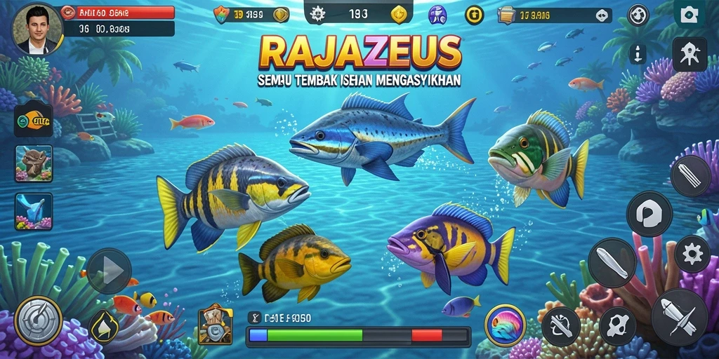 Screenshot gameplay menampilkan saat menembak ikan di RAJAZEUS.