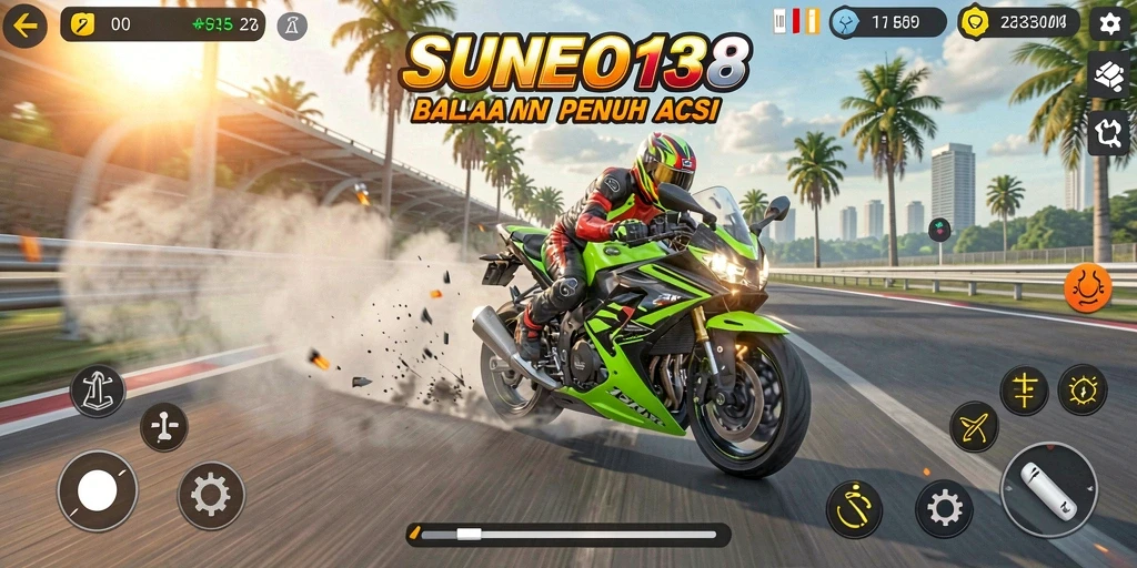 Tampilan gameplay SUNEO138 dengan balapan motor yang intens.