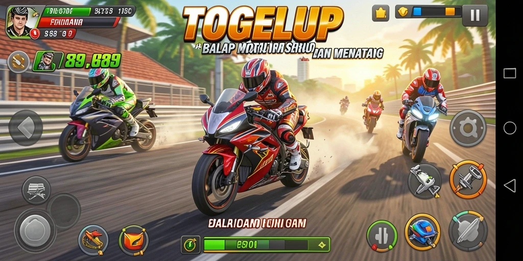 Screenshot gameplay TOGELUP menampilkan aksi balap motor yang mendebarkan.