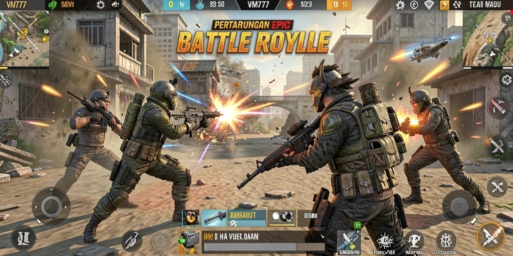 Screenshot gameplay VM777 menampilkan aksi pertempuran yang intens dan mendebarkan.