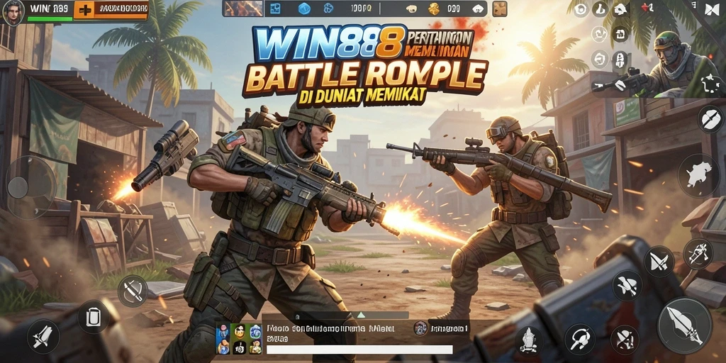 Screenshot gameplay <strong>WIN88</strong> menampilkan aksi seru di arena pertarungan Battle Royale.